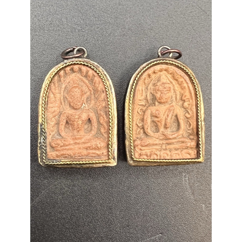 Antique Sterling Silver Clay Thai Buddha His &‎ Hers Phra Somkor Amulets